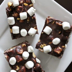 No bake rocky road bars on a plate.