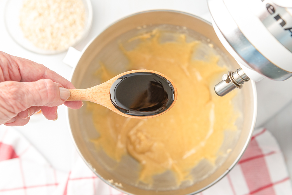 Mixing ingredients for oatmeal cream pie in a stand mixer