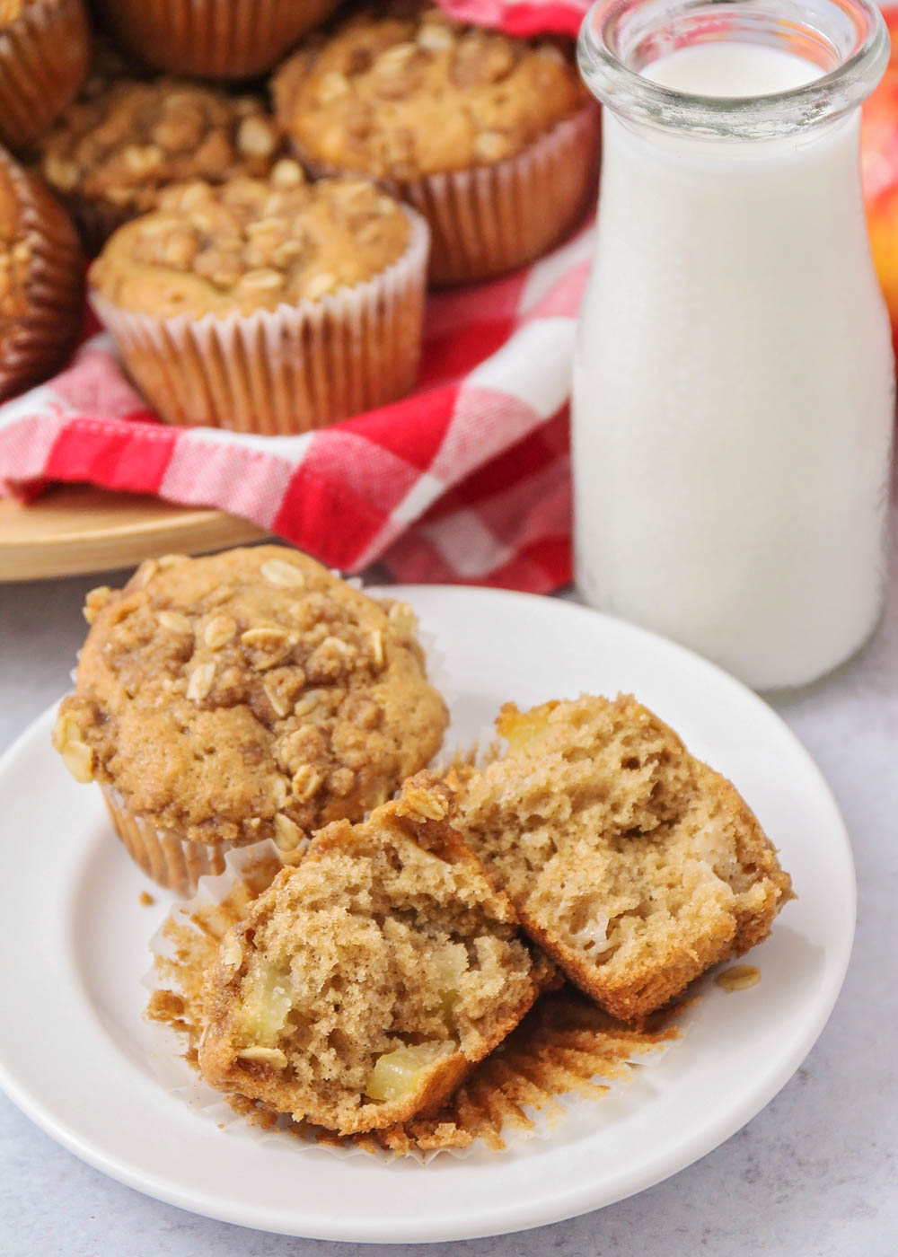 Closeup of apple muffins on a white plate