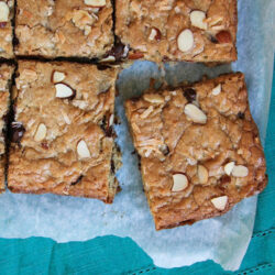 Coconut almond bars sliced into squares on parchment paper.