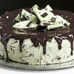 Chocolate cake with Andes mints on a metal plate.