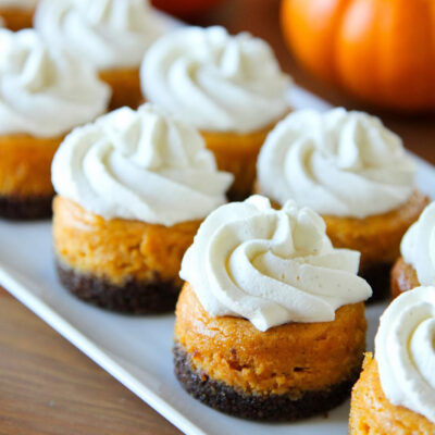 Mini pumpkin cheesecakes with a gingersnap crust, topped with vanilla bean whipped cream, served on a white platter with small pumpkins in the background.