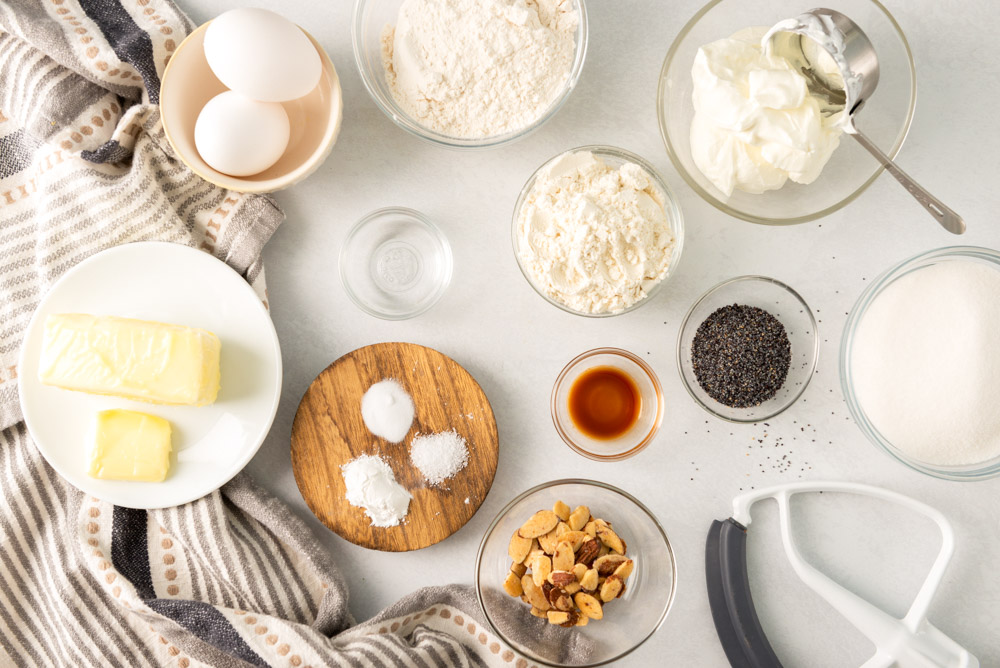 Ingredients for almond poppy seed muffin recipe