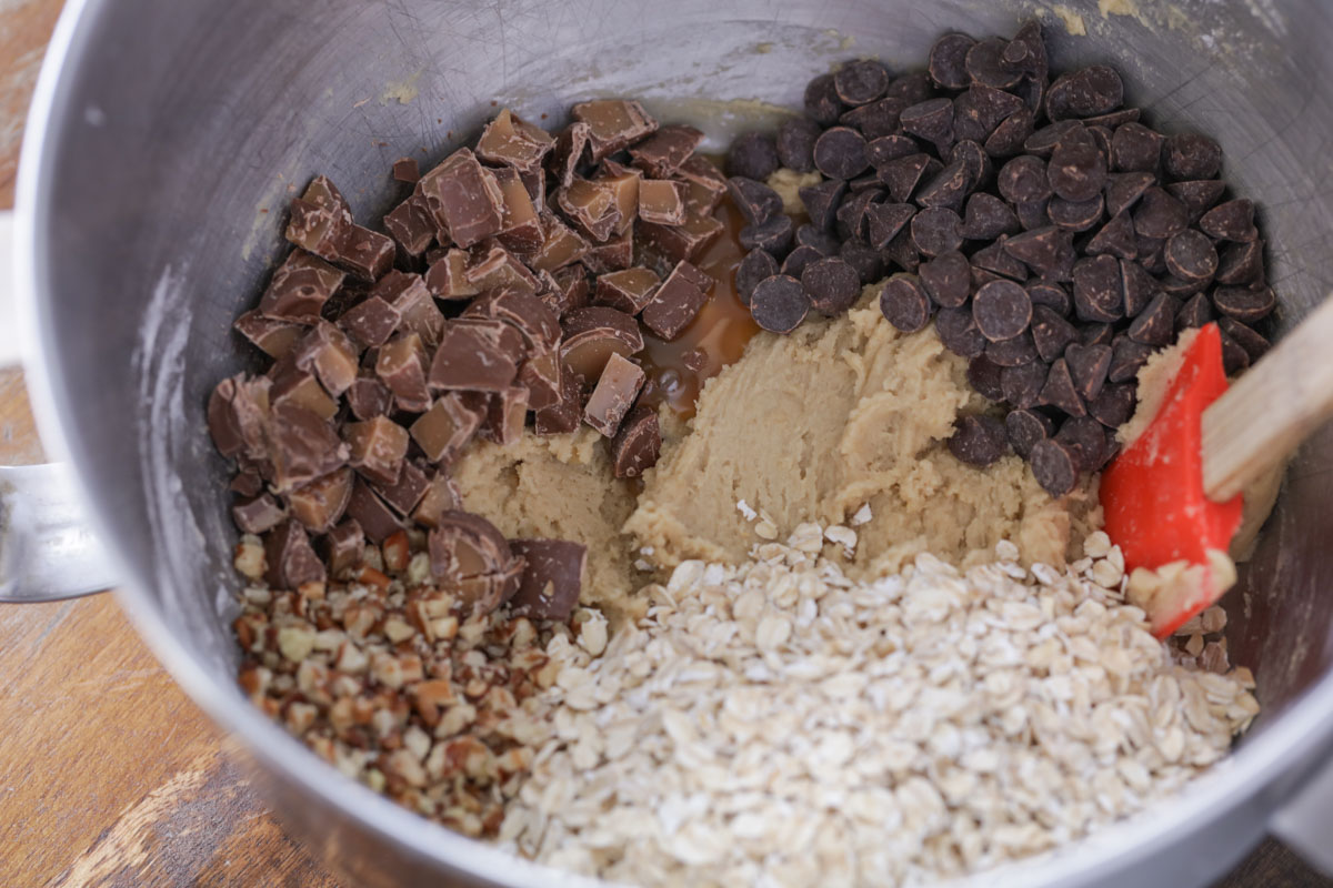 Ingredients for carmelita cookies recipe in a mixing bowl