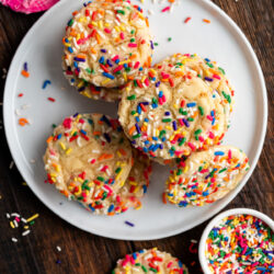 These bright Funfetti Cookies are sweet, chewy, and of course, covered in sprinkles! Everyone will keep coming back for more!