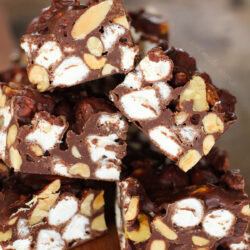 Rocky Road candy bar on a wooden board.