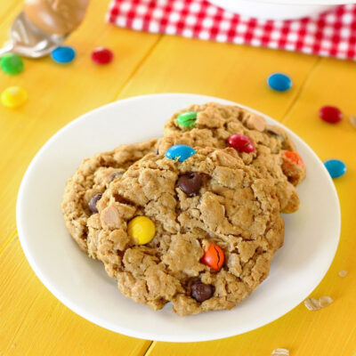 Gluten-free monster cookies on a plate.