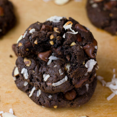 Soft, fudgy, and rich with cocoa, these Almond Joy Cookies (Gluten Free) are filled with melted chocolate, chewy coconut, and crunchy almonds that taste like your favorite candy in cookie form.