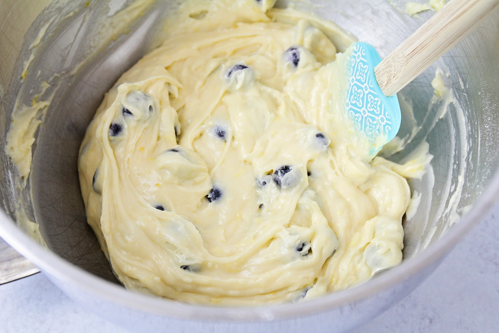 Blueberry muffin batter in mixing bowl