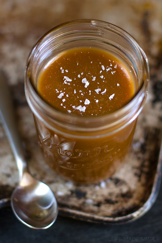 Jar of salted caramel sauce for Salted Caramel Cookie Dough Cups.