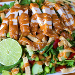 Thai chicken salad with peanut dressing on a white plate.