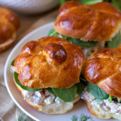 Chicken salad sandwiches served on a plate with a soft, golden-brown bun.