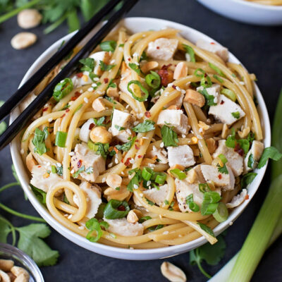 A bowl of chicken noodle bowl topped with green onions, cilantro, peanuts, and sesame seeds.