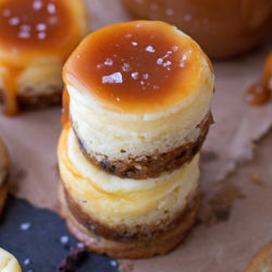 Mini Chocolate Chip Cookie Bottom Cheesecakes with Vanilla Bean Salted Caramel