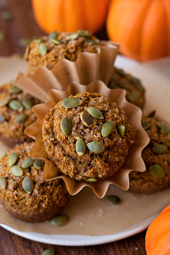 Healthy Pumpkin Bran Muffins with pumpkin seeds on top