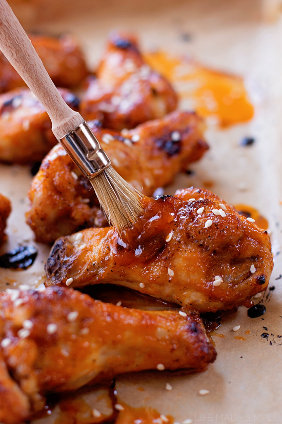 Oven Baked Firecracker Wings brushed with glaze.