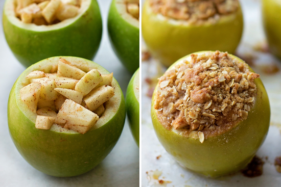Filling a cored apple with cinnamon apple filling and crumble topping