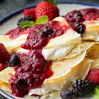 Berries & Cream Blender Crepes with freshly whipped cream.