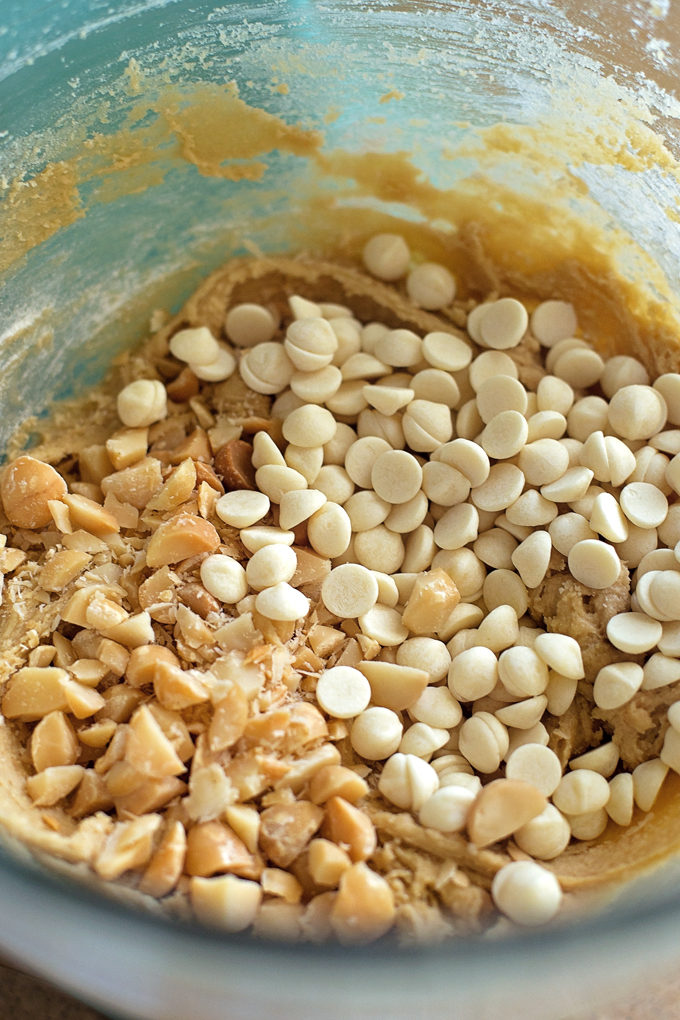 Ingredients for white chocolate macadamia nut cookie recipe in a mixing bowl