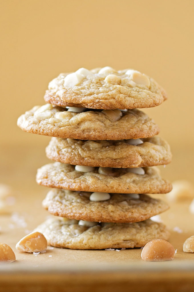 White Chocolate Chip Macadamia Nut Cookies in a stack