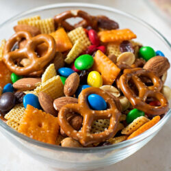 A bowl filled with after school snack mix.