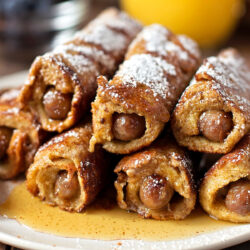 A stack of French toast and sausage on a plate.