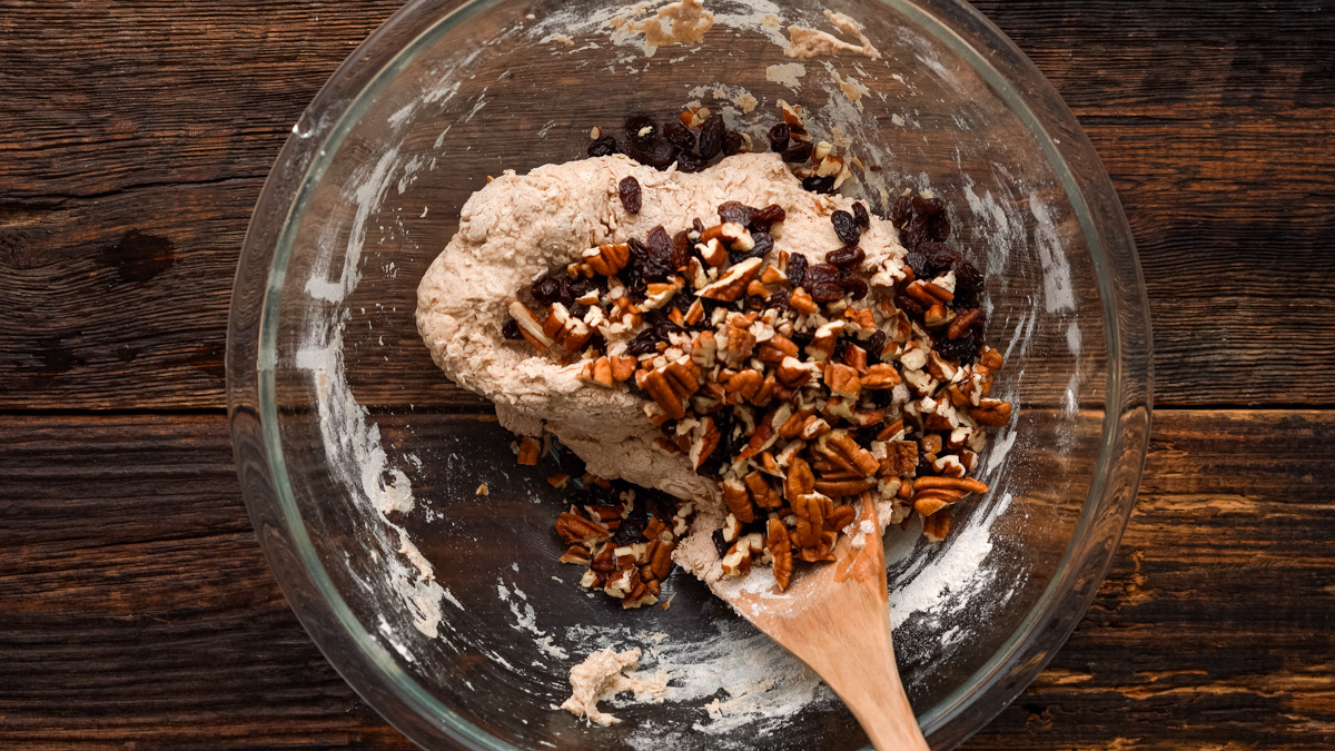 Raisins and Pecans added into the bread dough mixture.