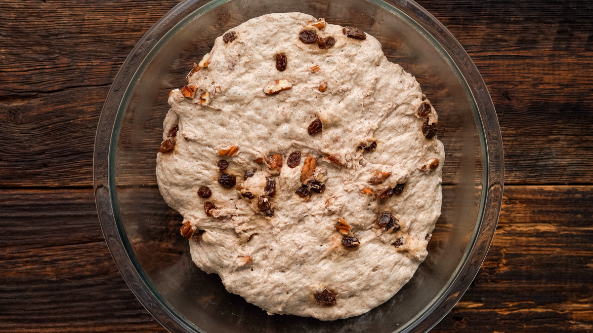 Raisin pecan bread after it has risen.