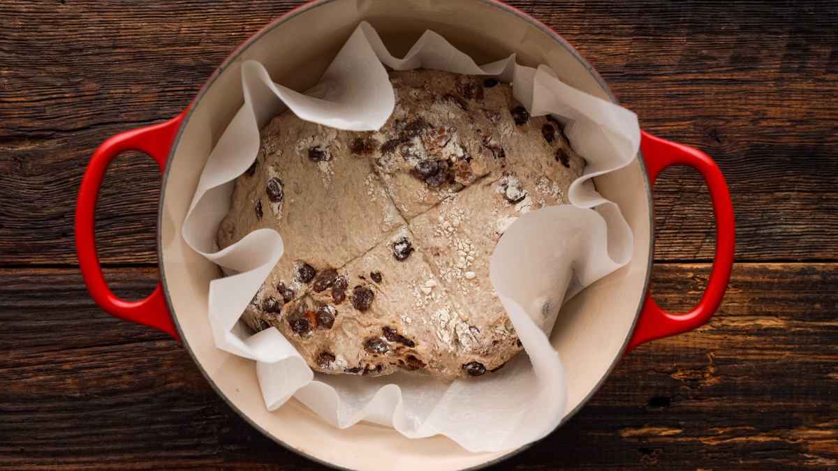 Cinnamon Raisin Bread in a Dutch Oven before baking.