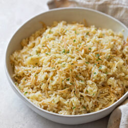 A bowl with Instant Pot rice pilaf.