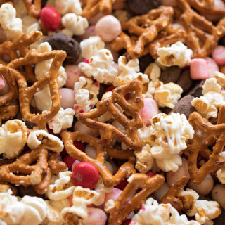 A close up shot of peppermint snack mix.