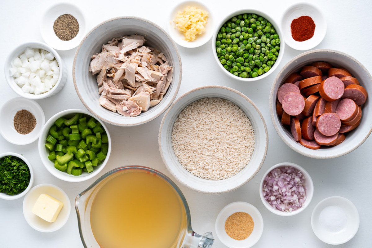 Chicken, sausage and rice ingredients.