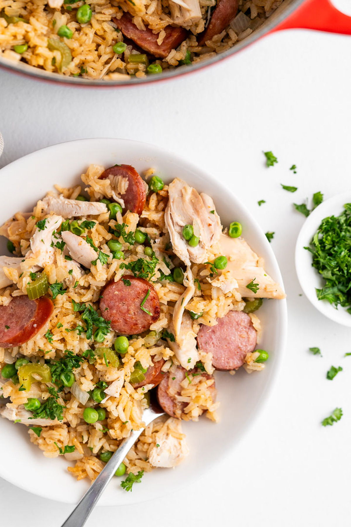 Serving of chicken sausage and rice skillet.