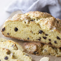 A view of the inside of Irish soda bread made with raisins.