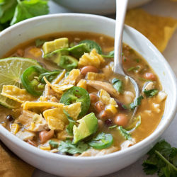 A cozy bowl full of easy, homemade jalapeño lime chicken chili.