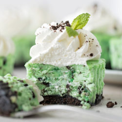 A mini mint oreo cheesecake with a bite missing.