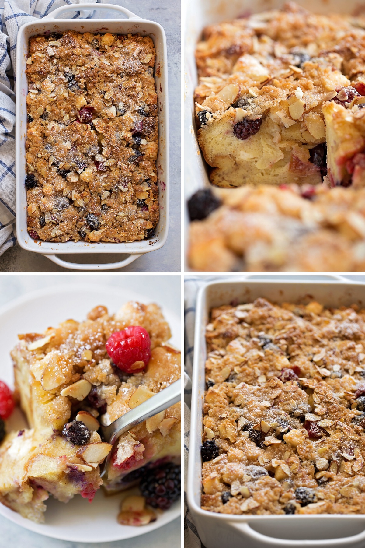 A collage of fully baked Berry French Toast Casserole with a golden crumble topping in a baking dish.