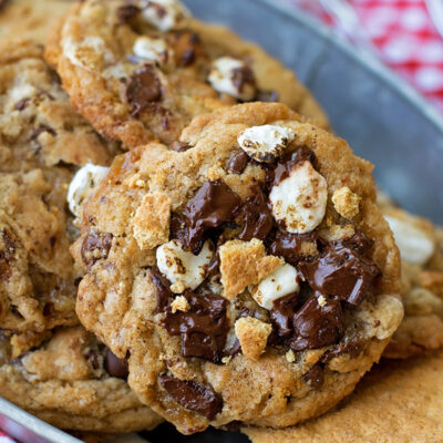 Baked s’more chocolate chip cookies in a metal serving tray.