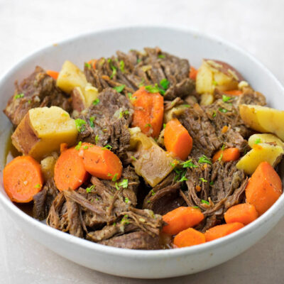 Pot roast in a bowl.