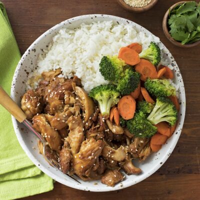 Pressure cooker teriyaki chicken served in a bowl.