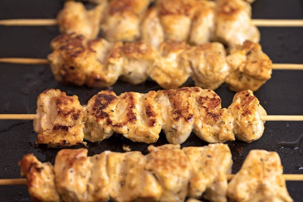 Grilled chicken skewers for gyros