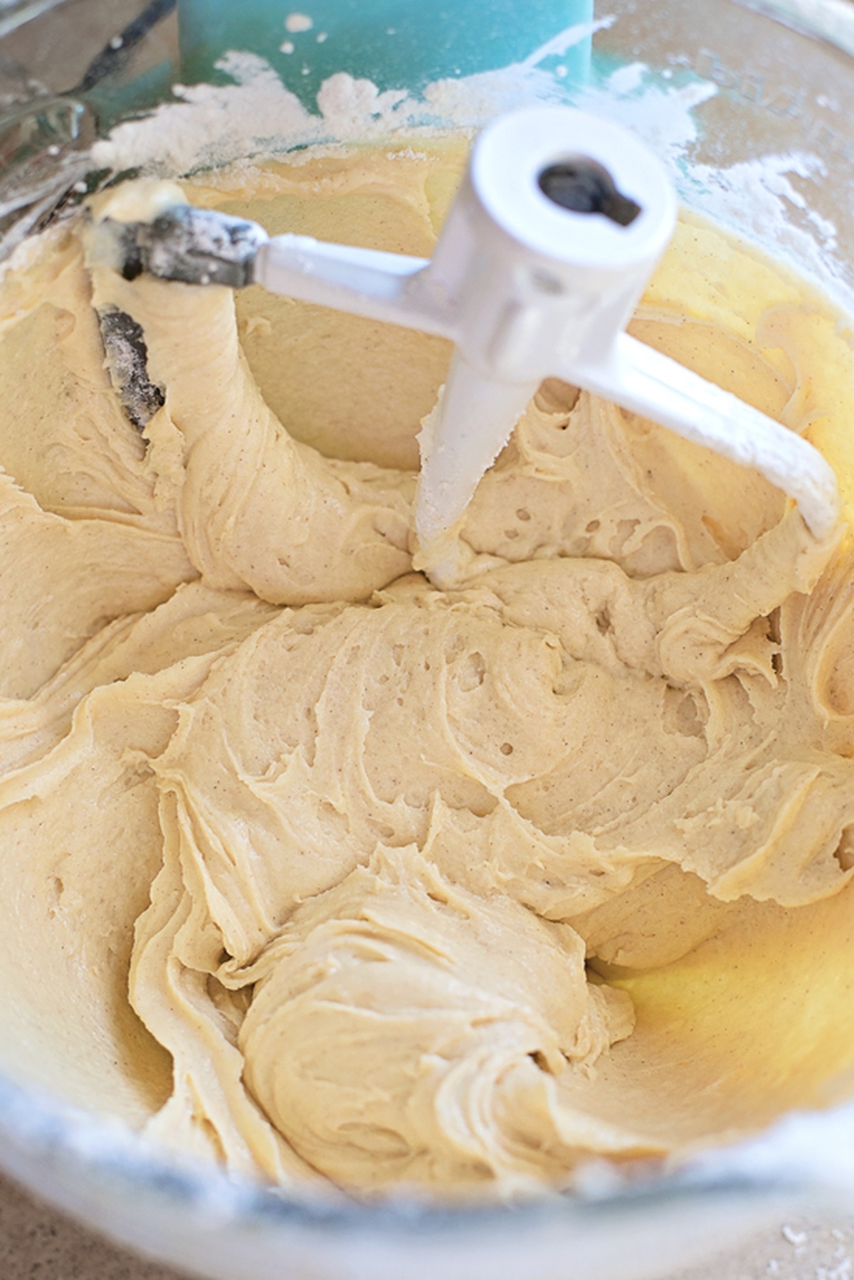Mixing batter in a stand mixer for the Tres Leches Cake.