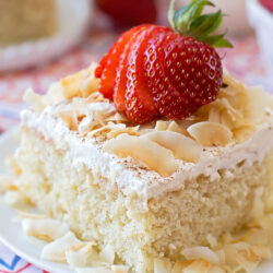 A slice of Tres Leches Cake on a white plate.