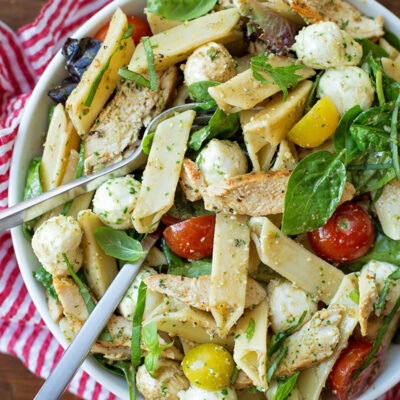 Chicken caprese salad in a bowl.