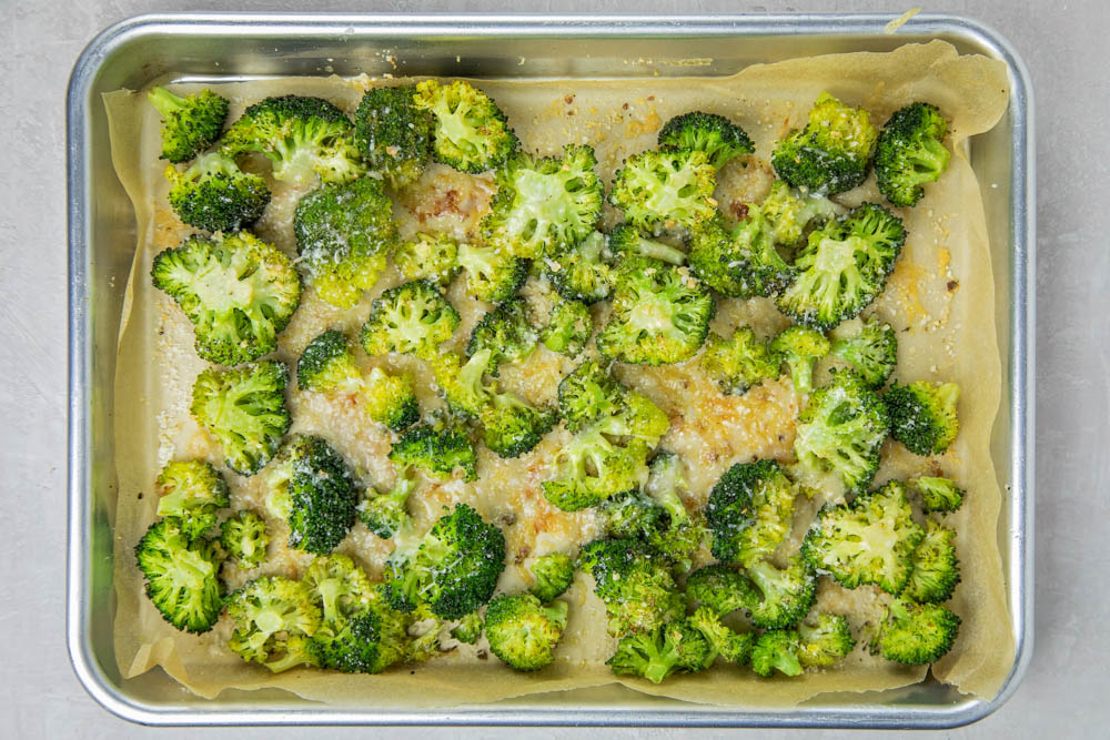 Oven roasted broccoli recipe on a sheet pan