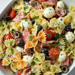 A bowl of zesty Italian pasta salad.