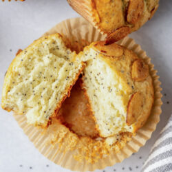 A freshly baked Almond Poppy Seed Muffin topped with sliced almonds in a muffin liner.
