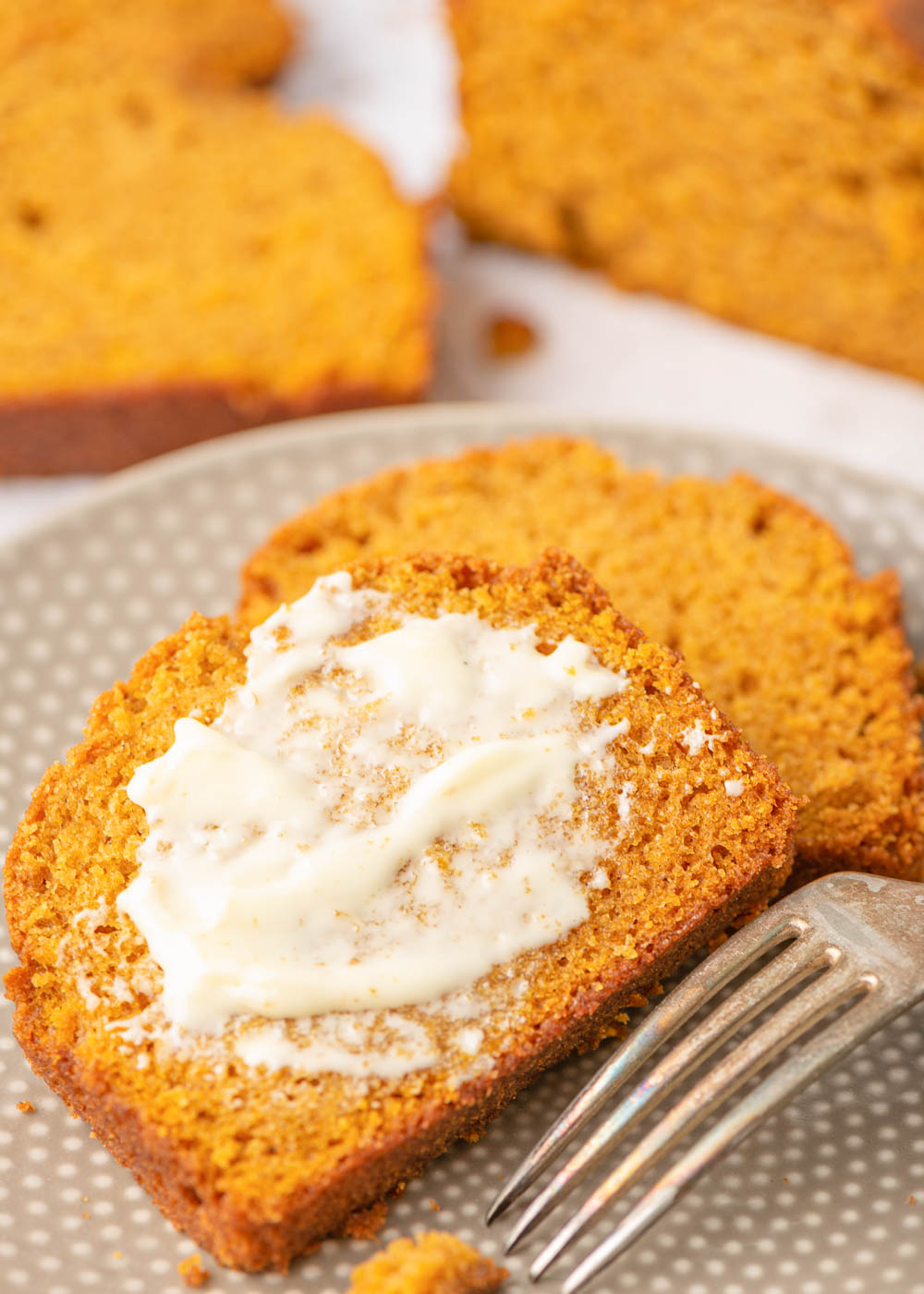 This crumbly & delicious pumpkin bread is the perfect cozy fall treat! Warmly spiced with & nutmeg cinnamon, it's delish and easy to make. Close up of sliced pumpkin bread