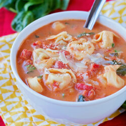 A bowl of tomato tortellini soup with spinach.
