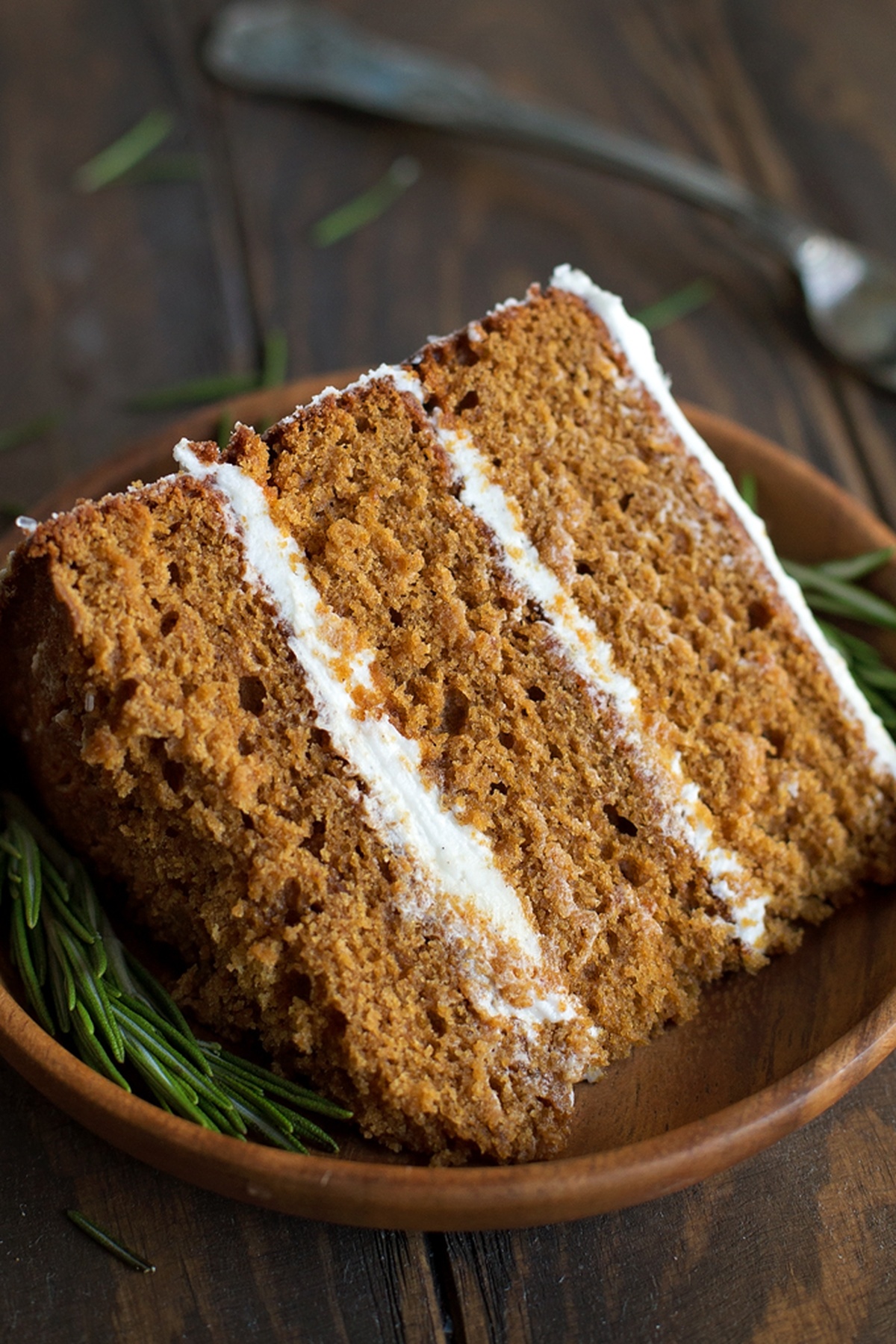 A close-up of a slice of gingerbread cake.